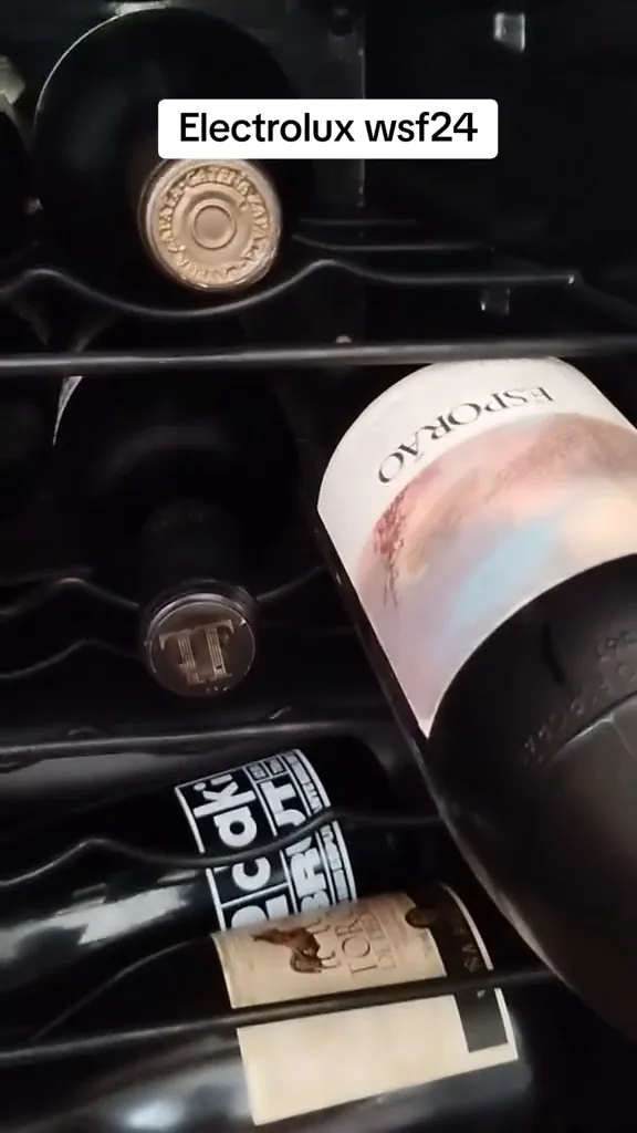 Garrafa de vinho sendo retirada da prateleira interna da adega