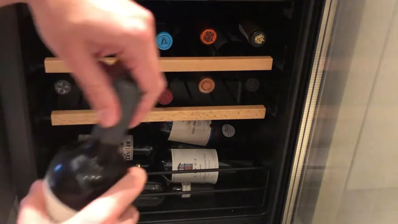 Armazenamento de garrafa de vinho no compartimento inferior da adega climatizada