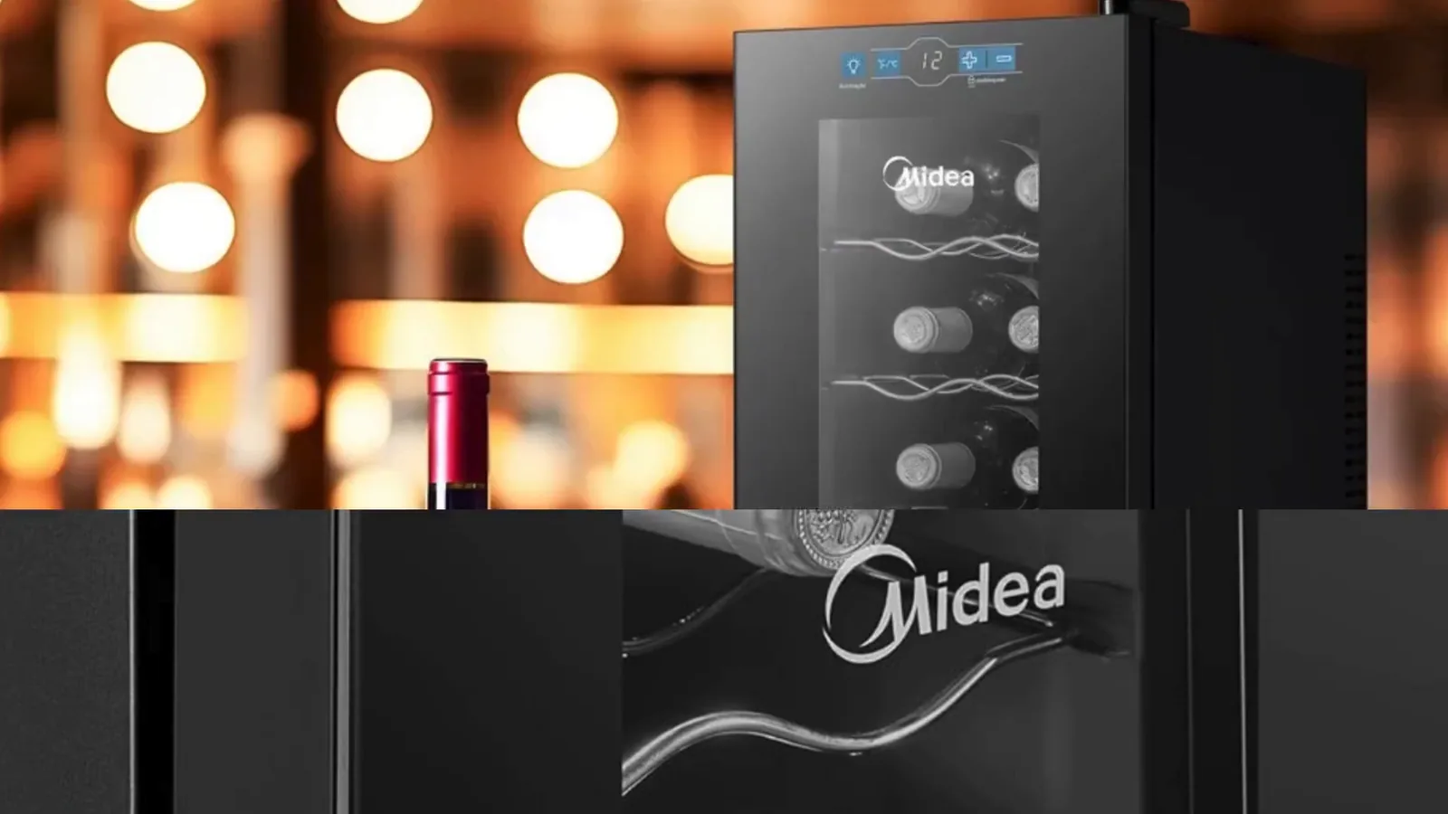 Adega climatizada Midea em ambiente decorado com taça de vinho