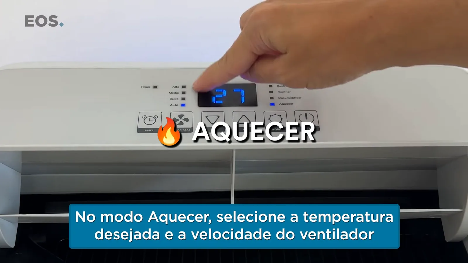 Painel digital do ar-condicionado portátil EOS Slim ajustado no modo aquecer