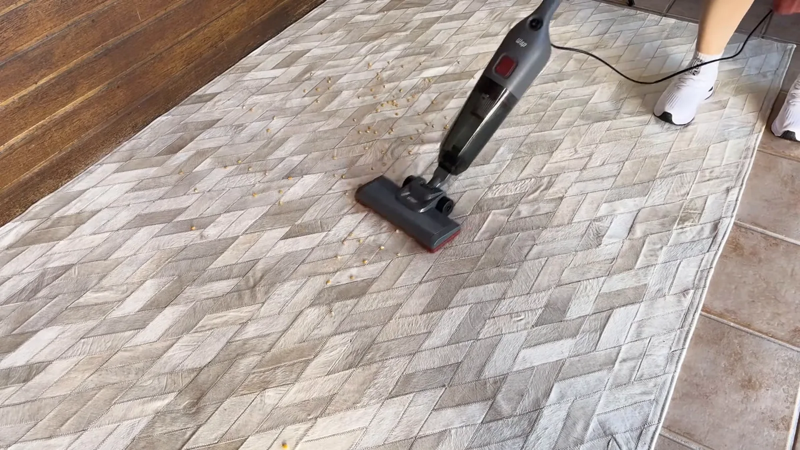 Aspirador vertical recolhendo grãos pesados sobre o tapete estampado