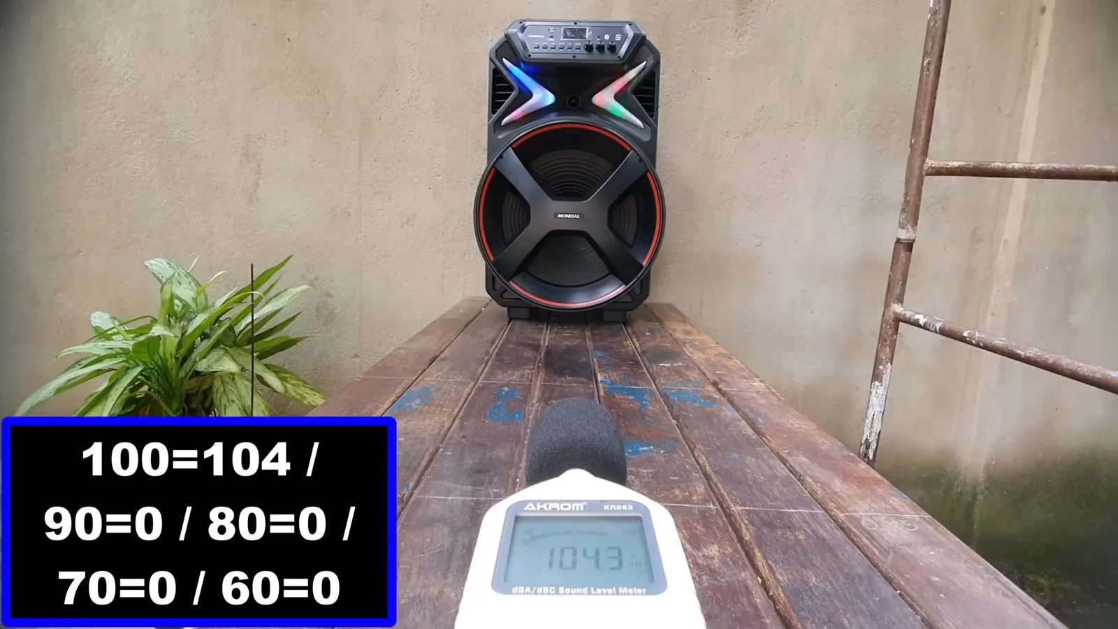 Caixa Mondial CM-700 em funcionamento durante teste de frequência sonora