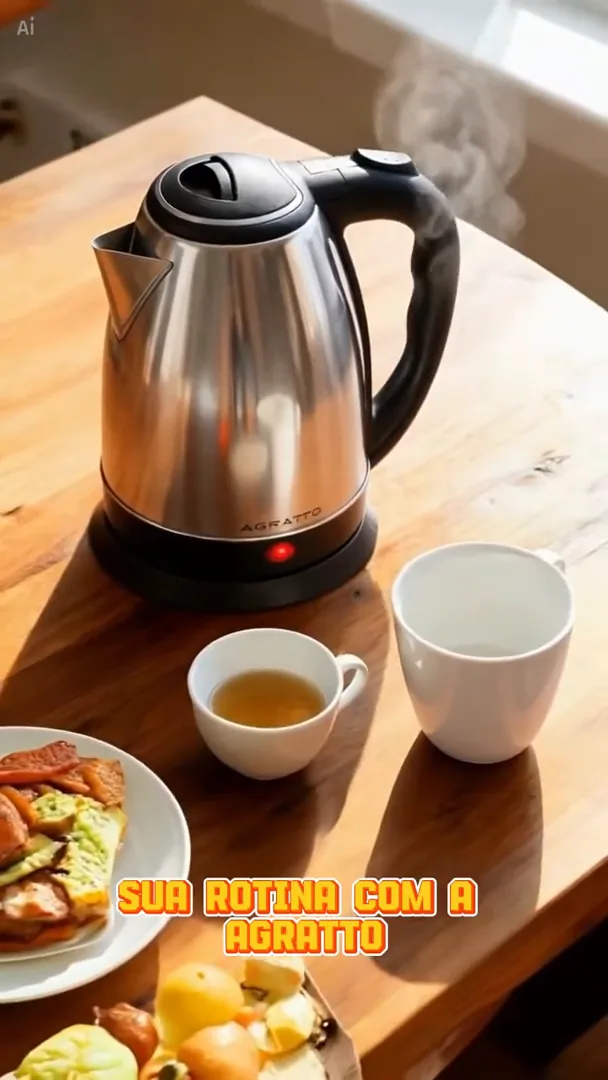 Chaleira elétrica soltando vapor na mesa posta para o café