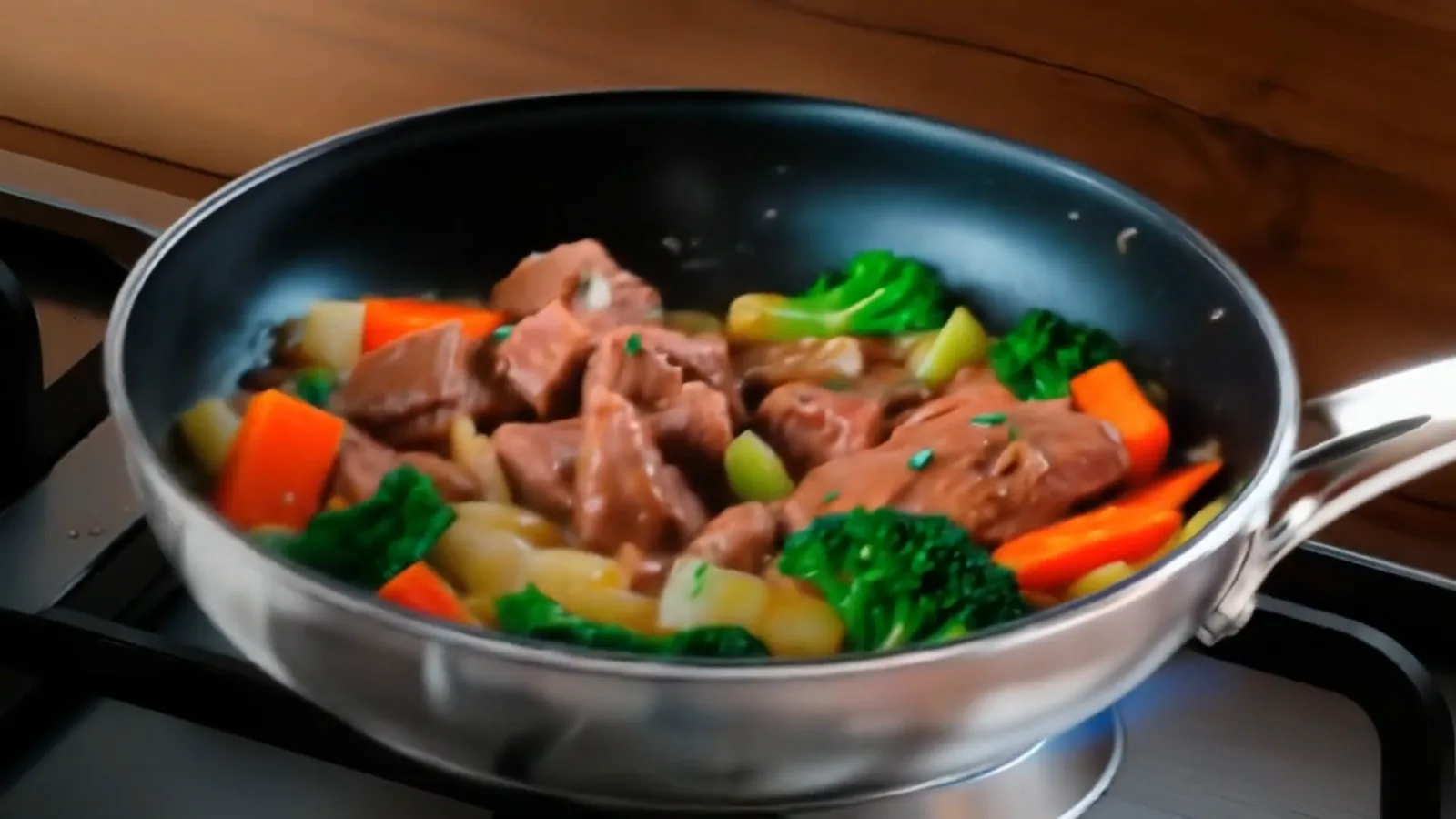 Preparo de alimentos em frigideira sobre a chama do cooktop inox