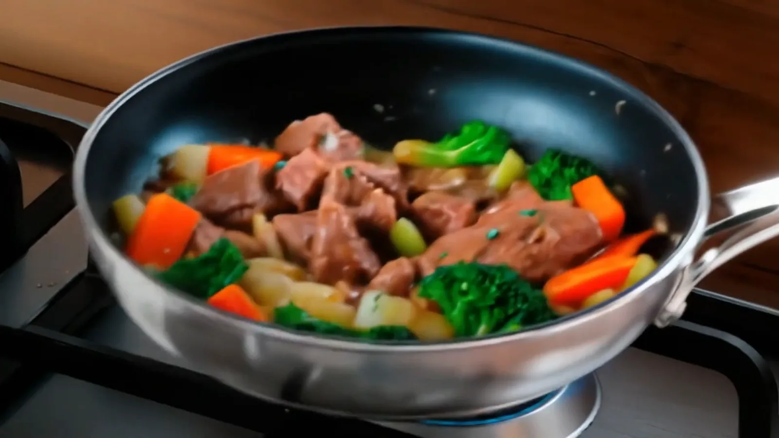 Carne e legumes cozinhando com estabilidade na grade de ferro fundido