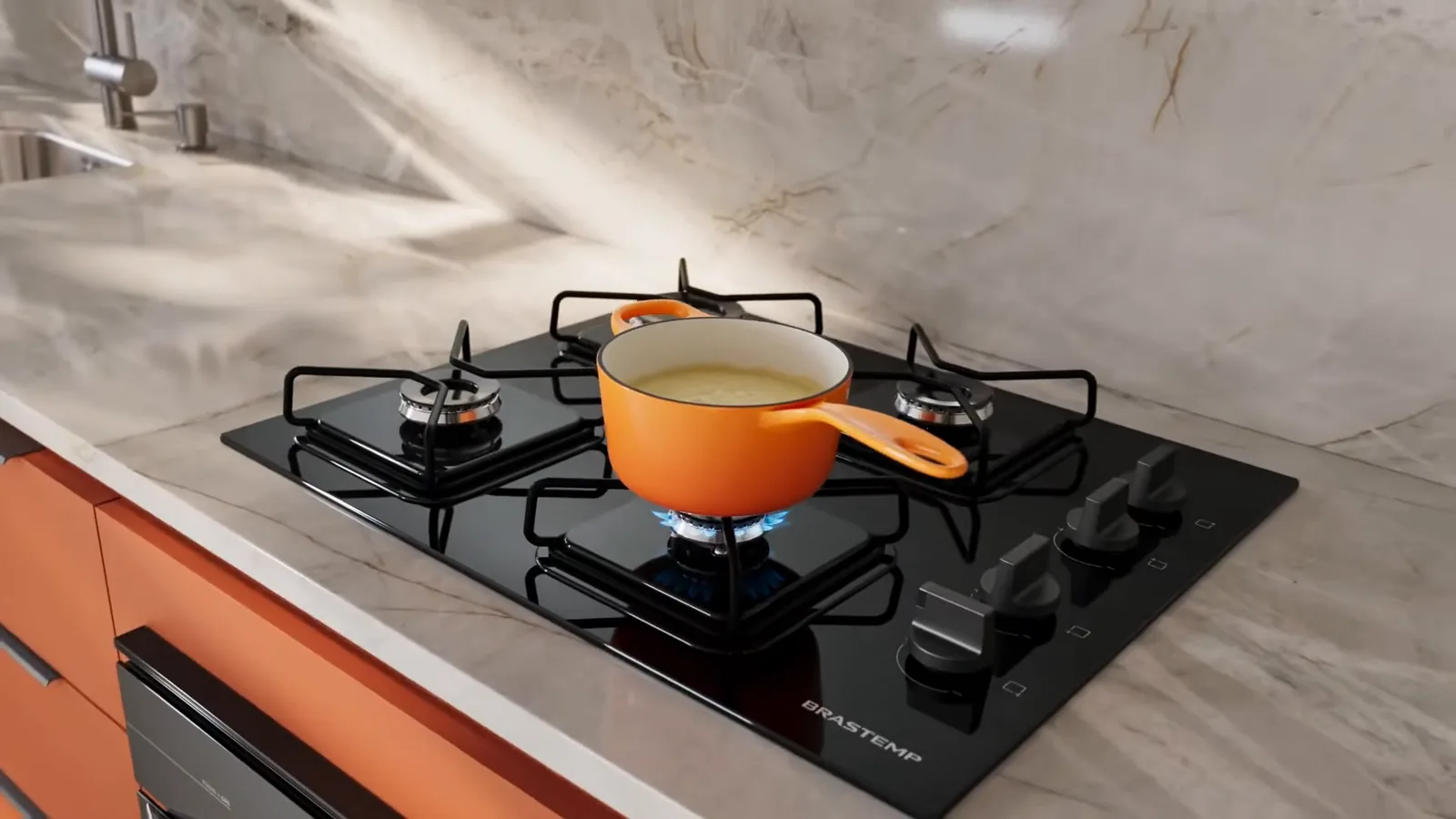 Cooktop Brastemp com panela em cozimento na chama Simmer