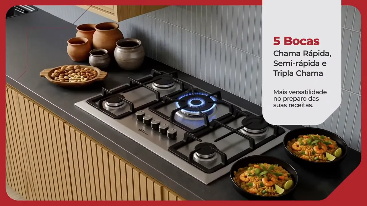 Cooktop a gás Fischer Infinity com queimador central em funcionamento