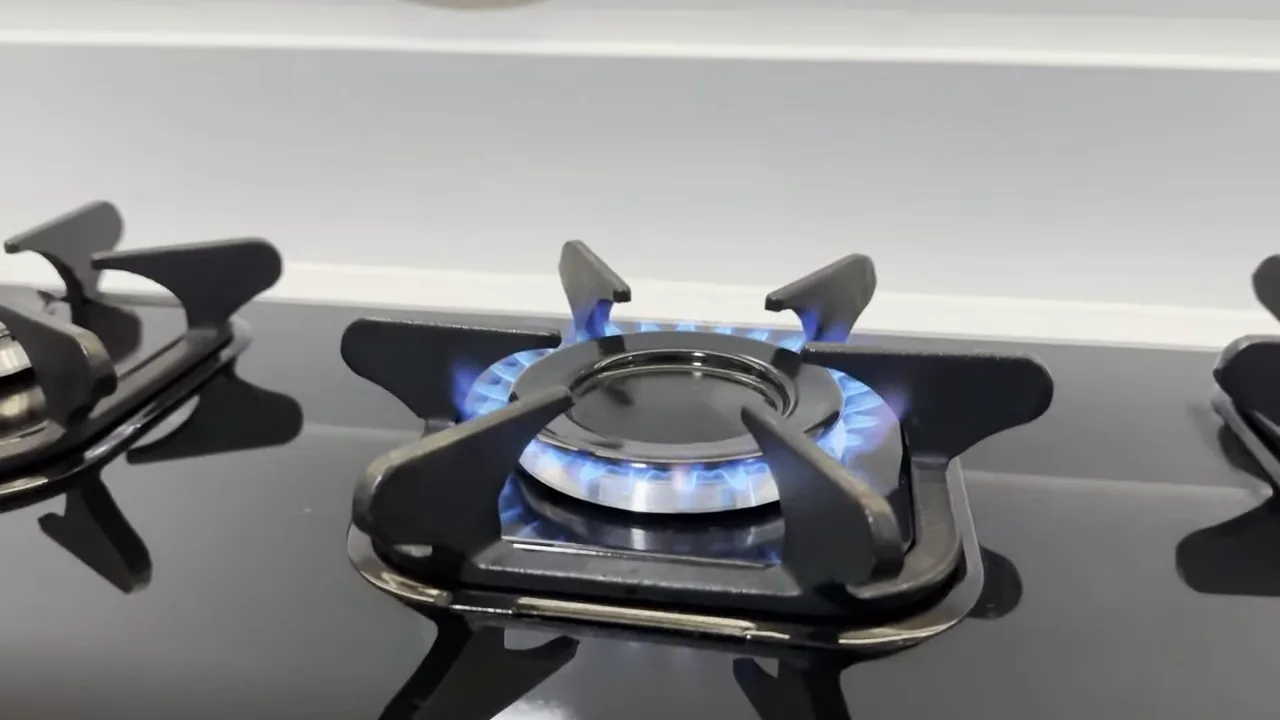 Queimador central em funcionamento contínuo com chama azul potente e estável