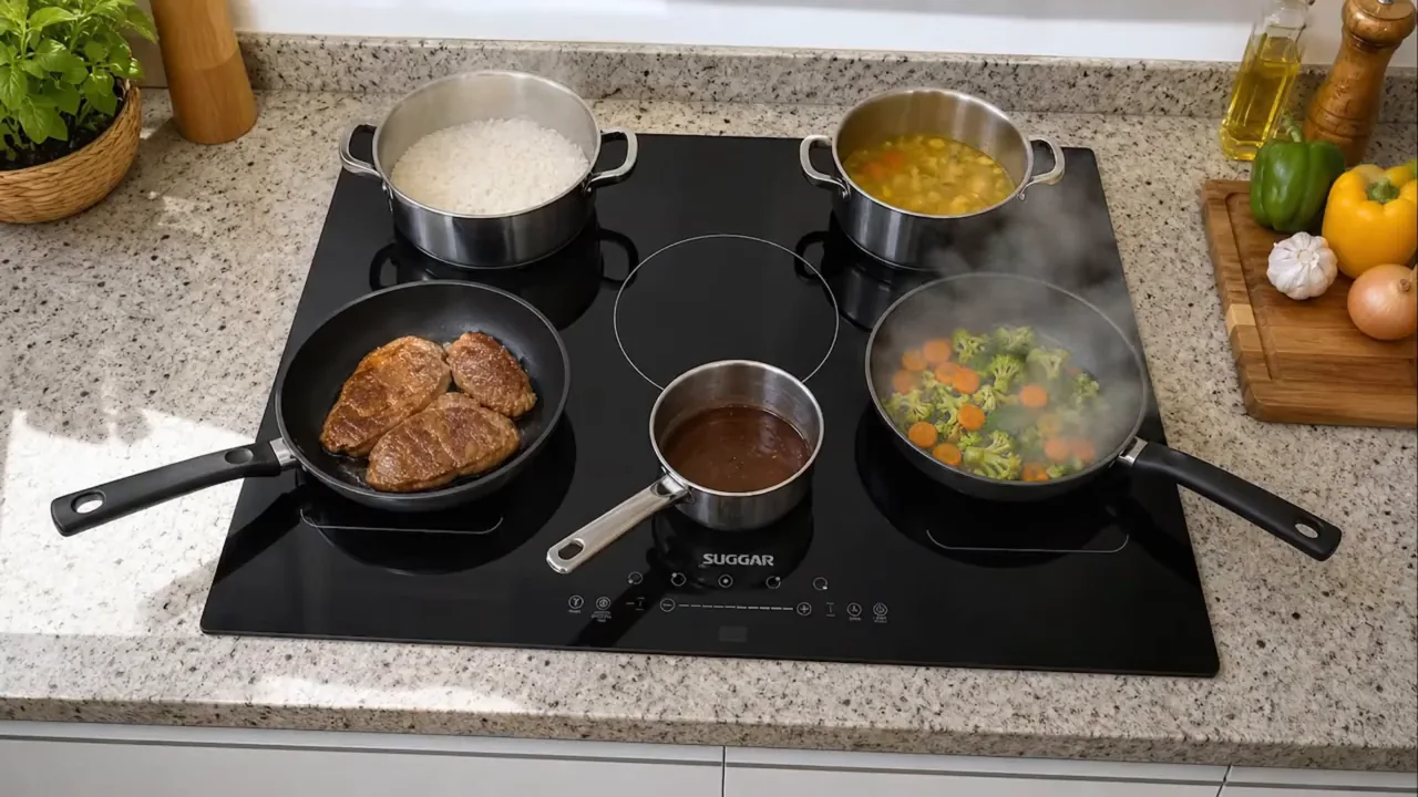 Cinco panelas cozinhando alimentos simultaneamente sobre o cooktop de indução