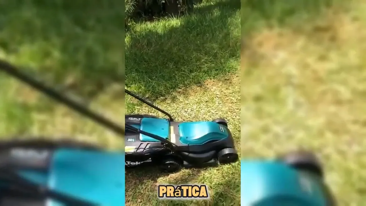Cortador de grama elétrico Tekna em operação sobre o gramado