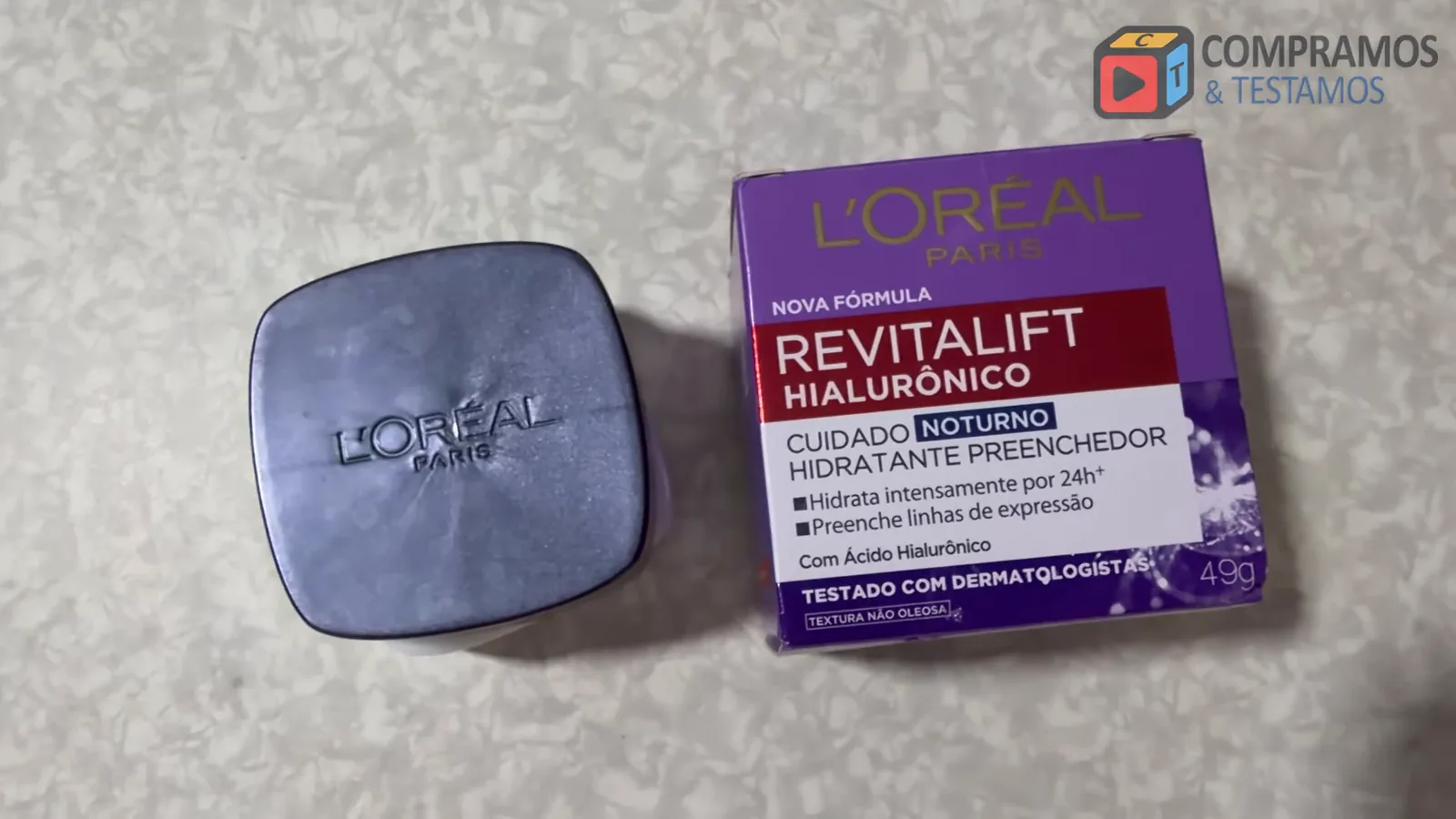 Pote e caixa do creme facial Revitalift Hialurônico Noturno da L'Oréal