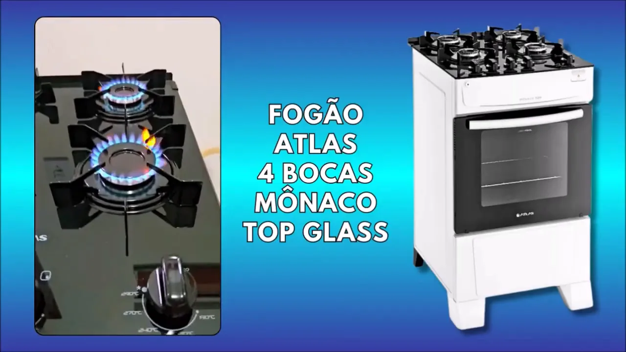 Queimadores do fogão Atlas Mônaco Top Glass acesos com chama azul