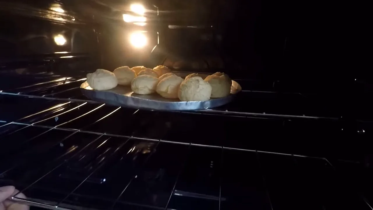 Manuseio da prateleira do forno aceso com assadeira em cozimento