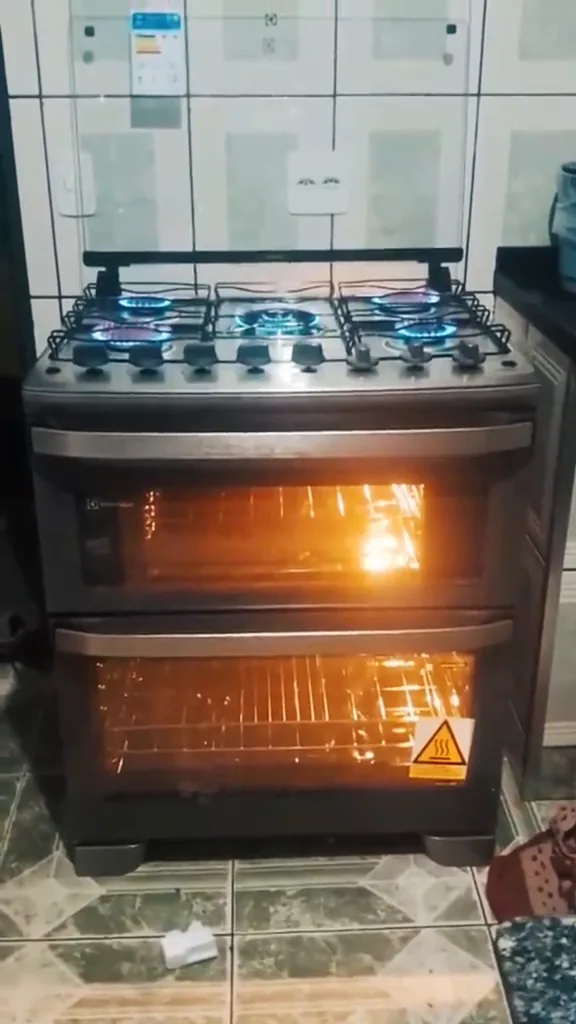 Chamas dos queimadores e fornos acesos no fogão Electrolux