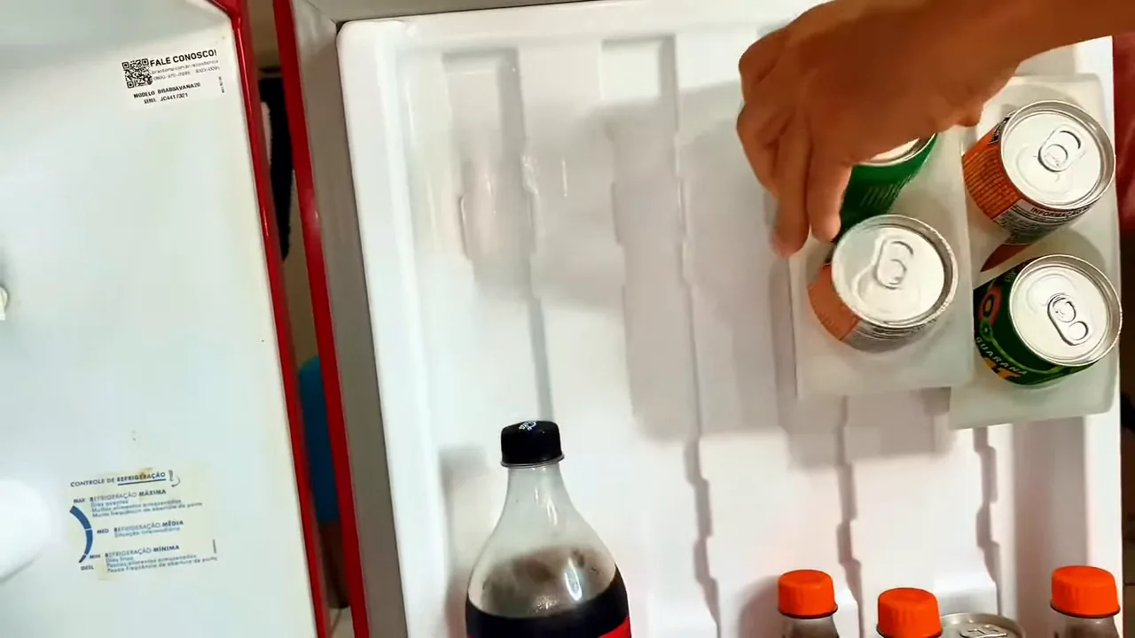 Reorganização das prateleiras modulares de latinhas na porta do frigobar