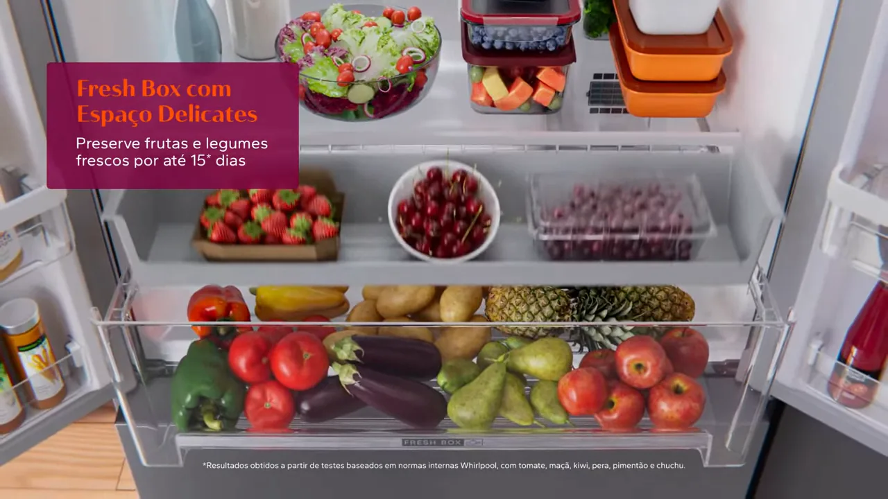 Gavetas Fresh Box e Delicates deslizando com frutas e legumes frescos