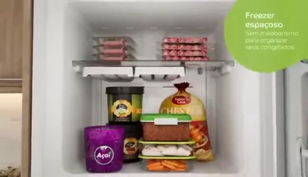 Abertura da porta do freezer destacando organização de alimentos congelados
