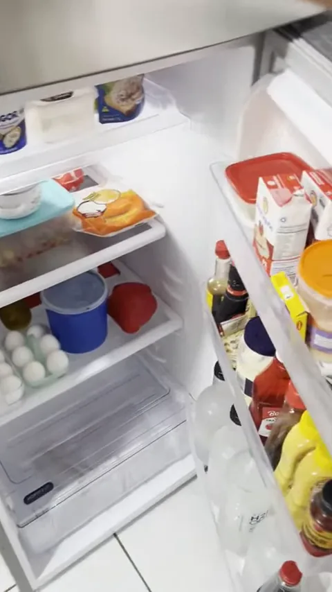 Abertura da porta principal revelando organização interna do refrigerador duplex