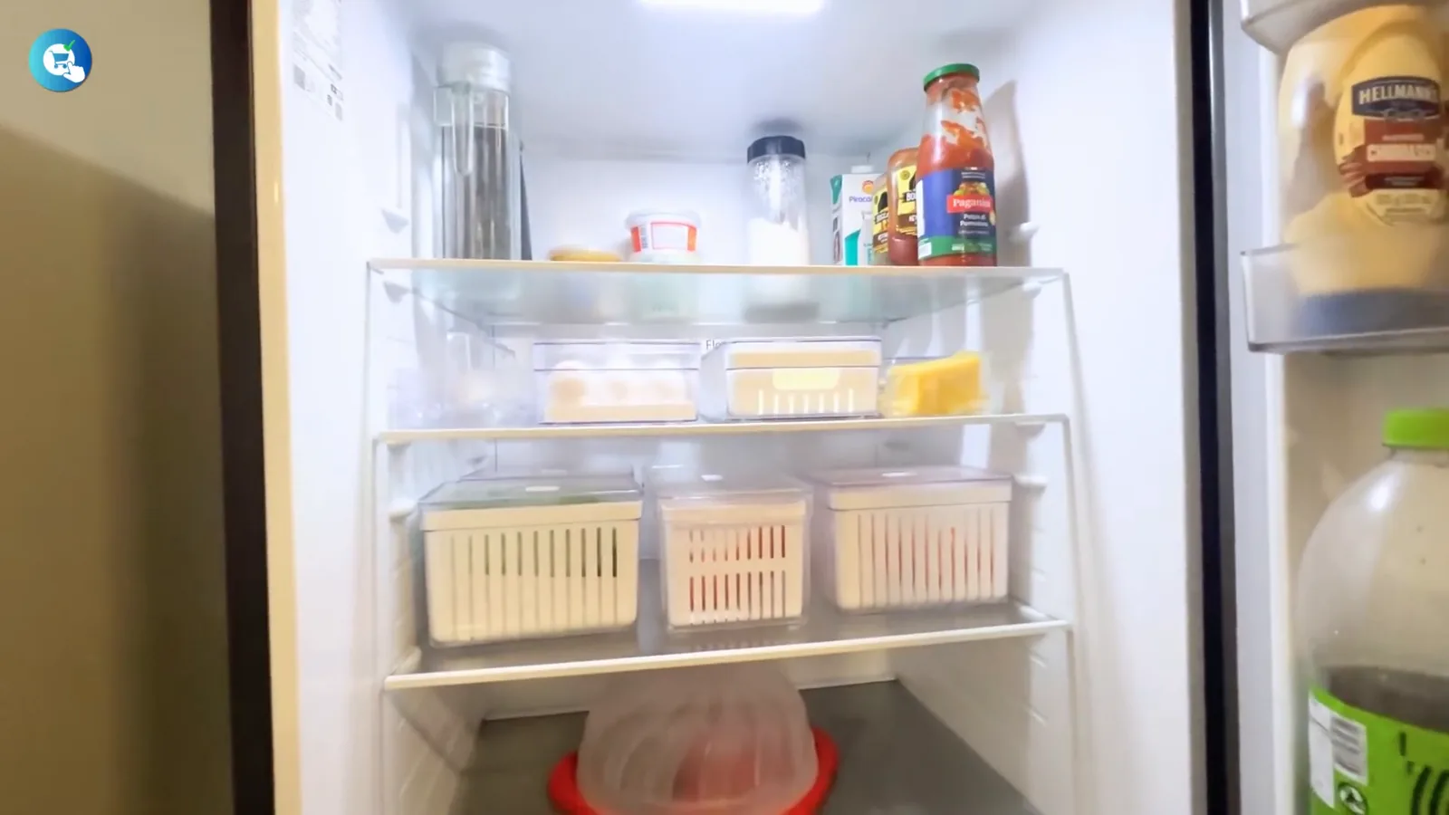 Espaço interno amplo do refrigerador com prateleiras bem distribuídas e organizadas
