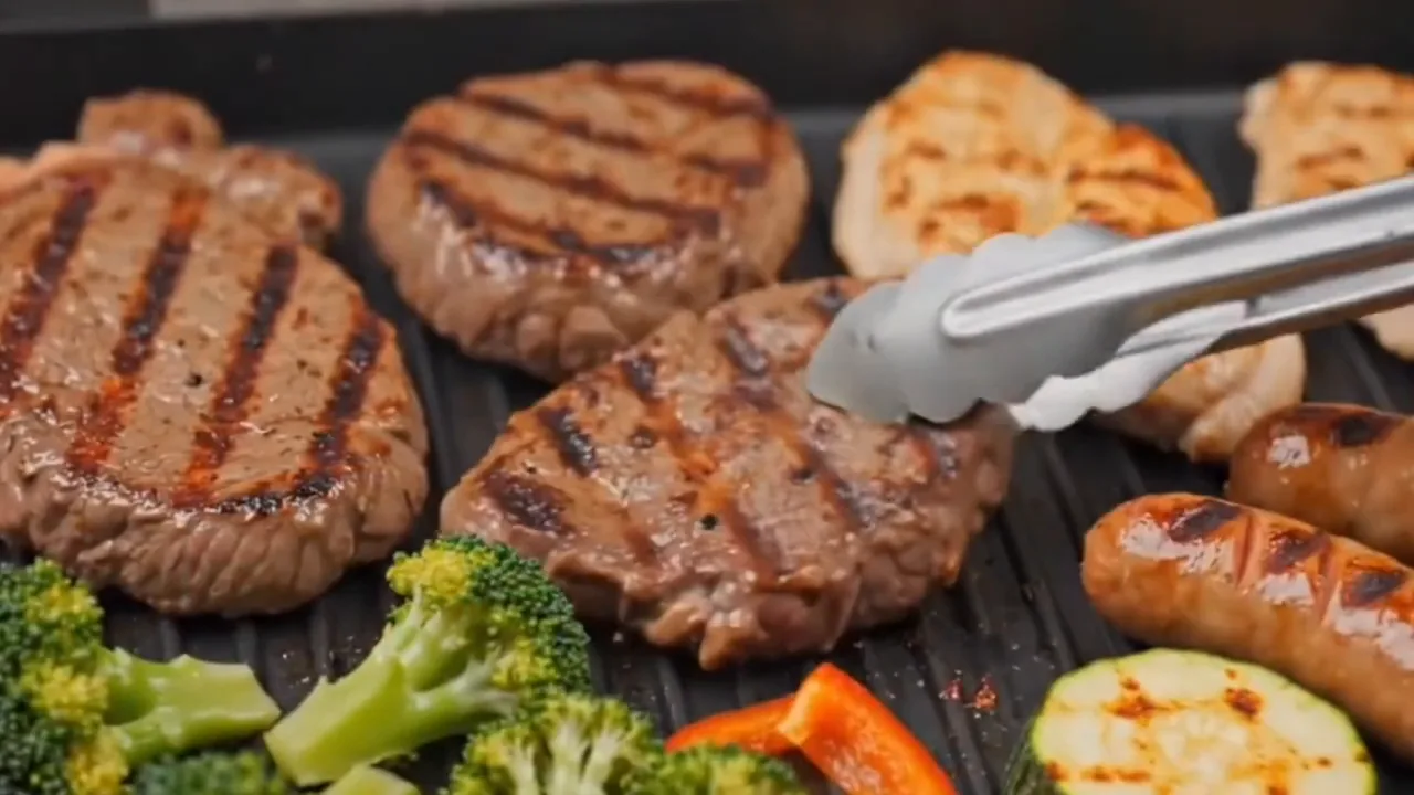 Alimentos grelhando na chapa ondulada do Mondial Due Grill