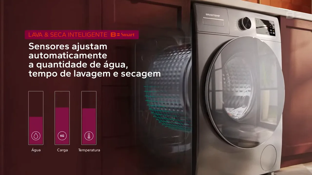 Lava e seca Brastemp realizando ciclo de lavagem na lavanderia