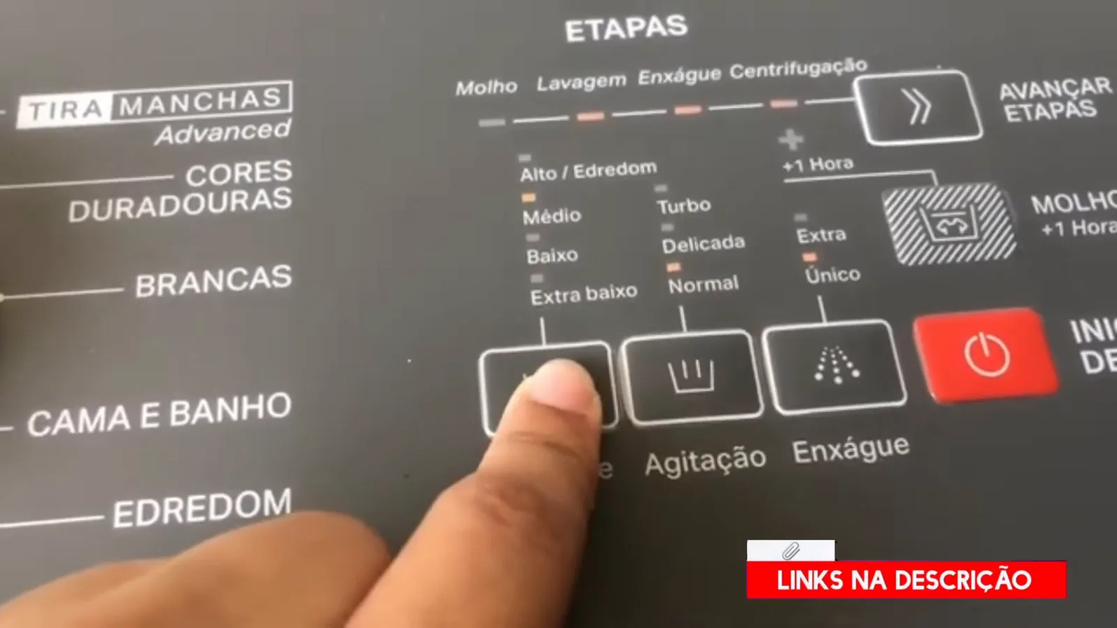 Painel de controle com ajuste de agitação e nível de água