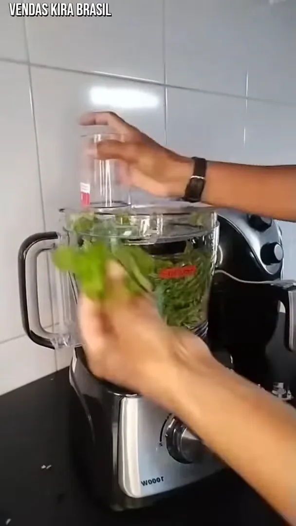 Processador Mondial picando folhas verdes com facilidade na jarra