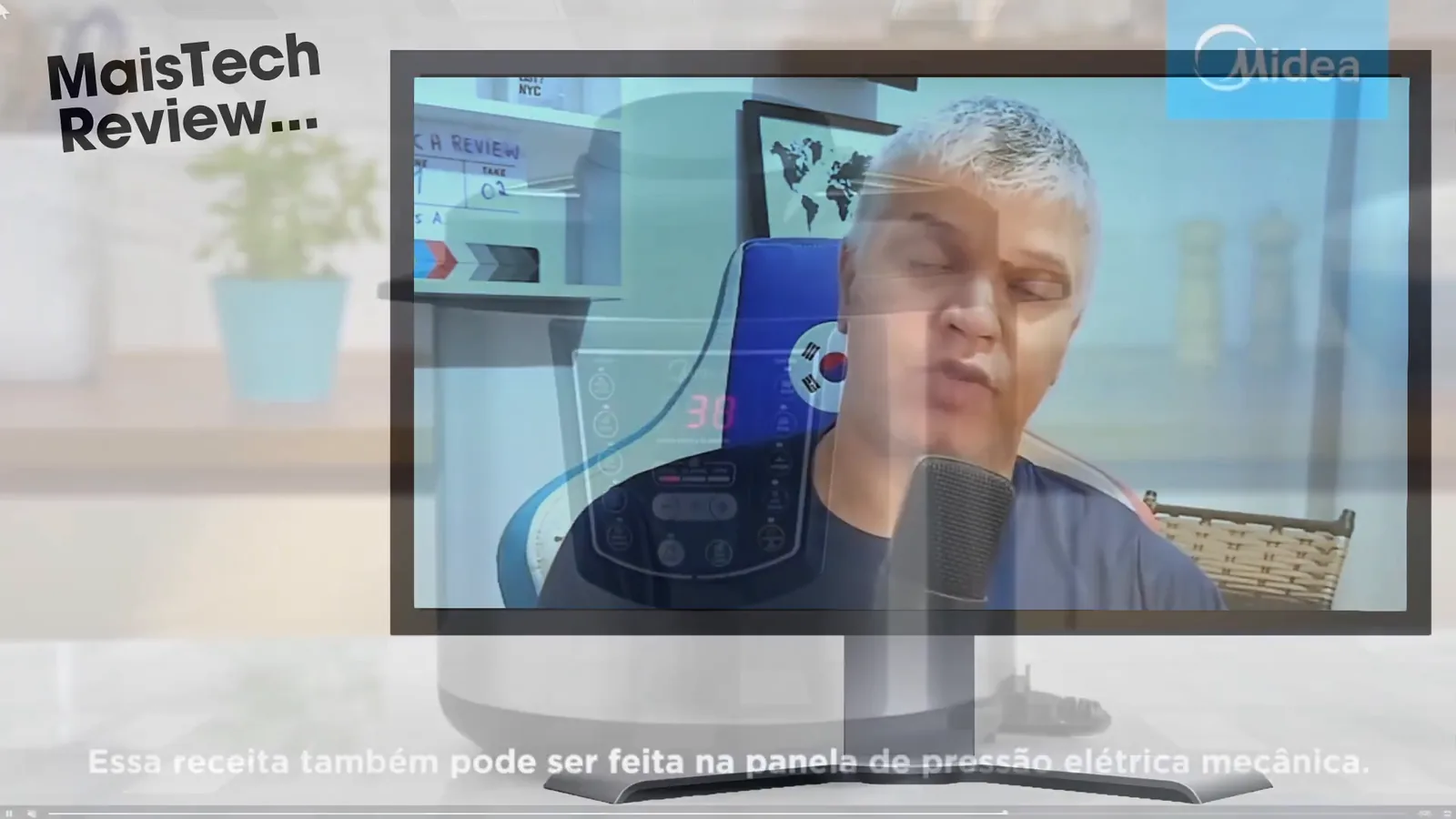 Panela de pressão elétrica Midea em funcionamento sobre a bancada da cozinha