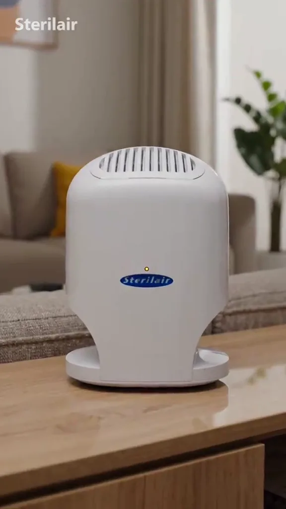 Purificador térmico Sterilair STR4 em funcionamento sobre a mesa da sala