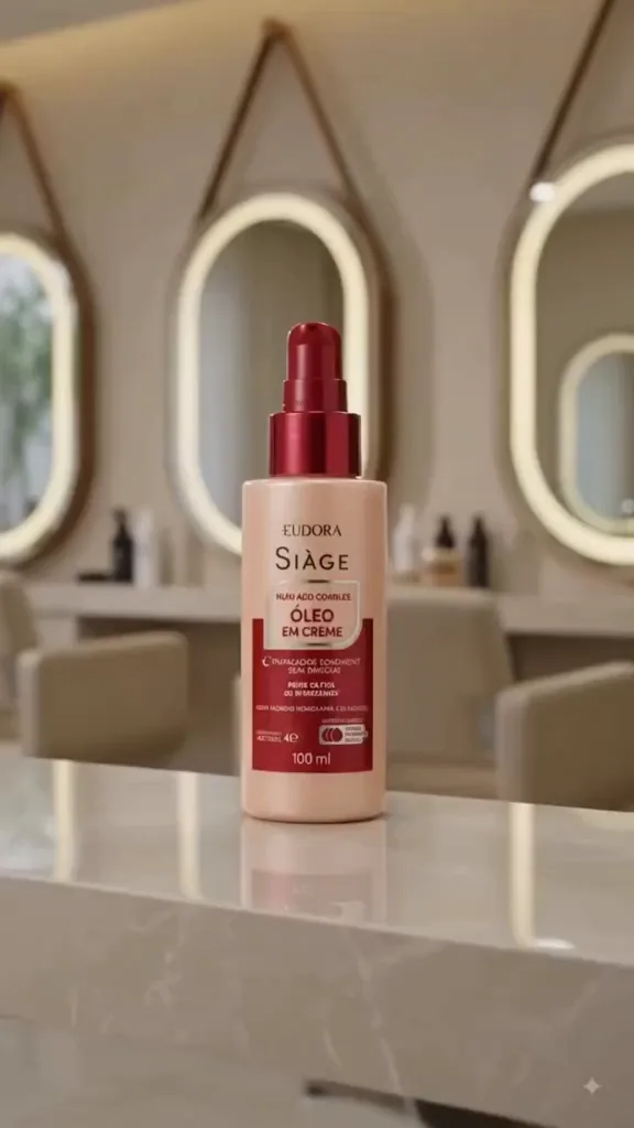 Frasco do óleo em creme Eudora Siàge sobre bancada iluminada