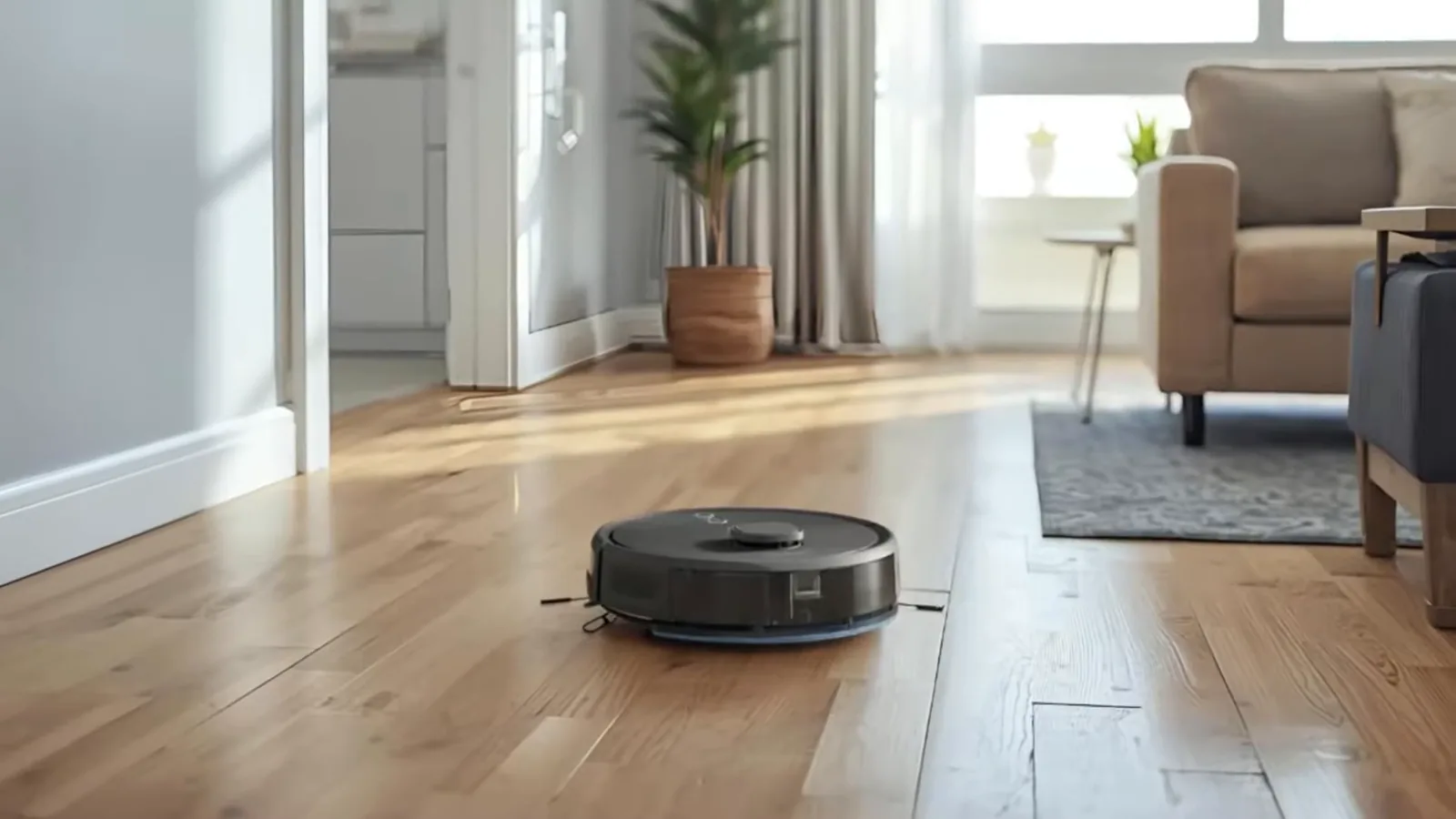 Robô aspirador Electrolux ERB60 aspirando piso em sala iluminada