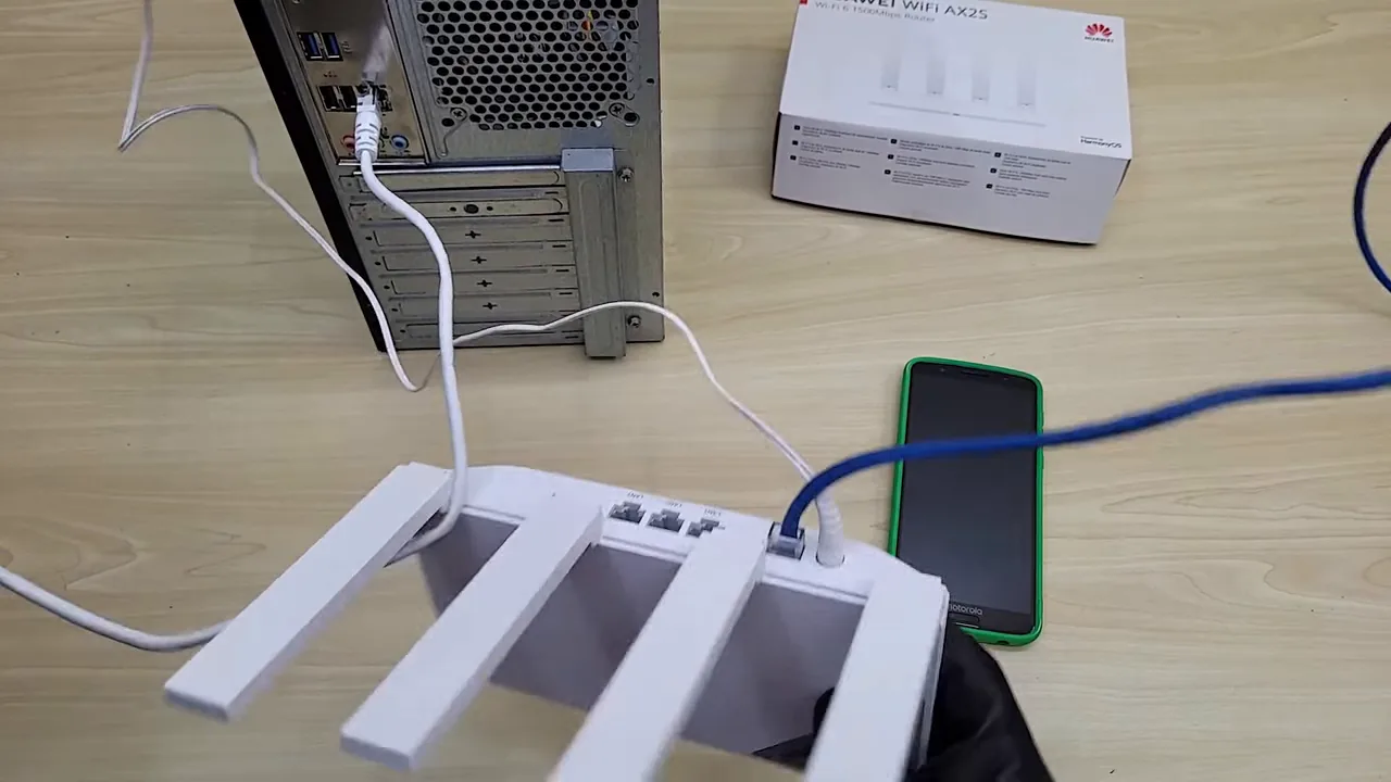 Conexão dos cabos de rede no roteador Huawei WiFi AX2S