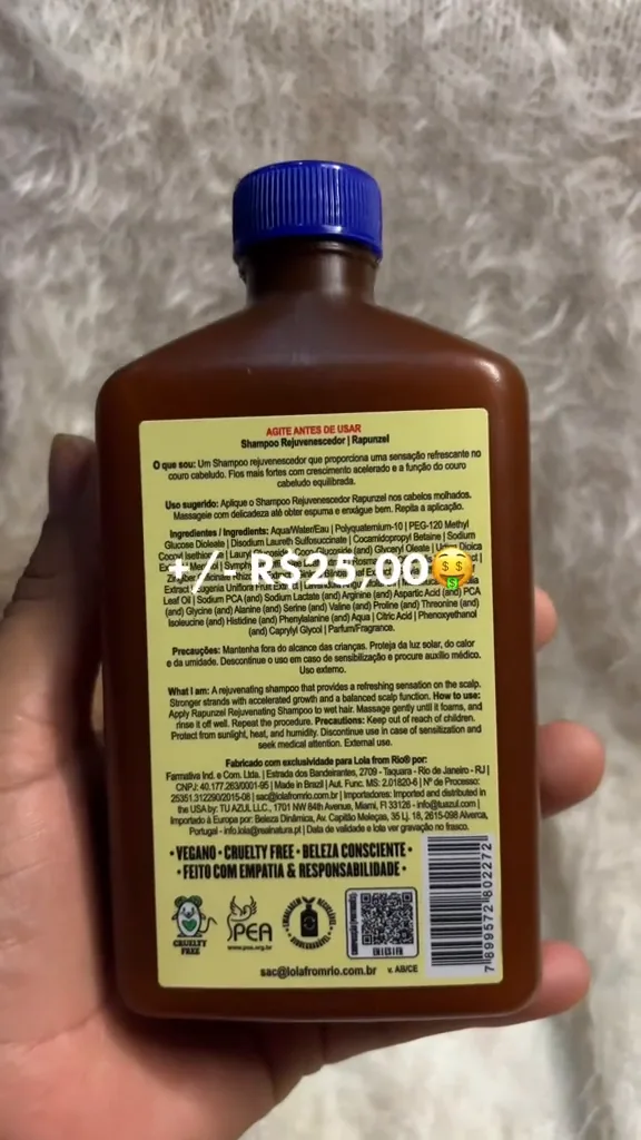 Rótulo traseiro do shampoo Rapunzel Rejuvenescedor com lista de ingredientes