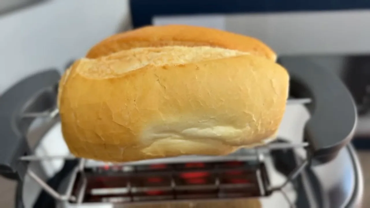 Suporte superior da torradeira aquecendo pão francês com resistências ligadas