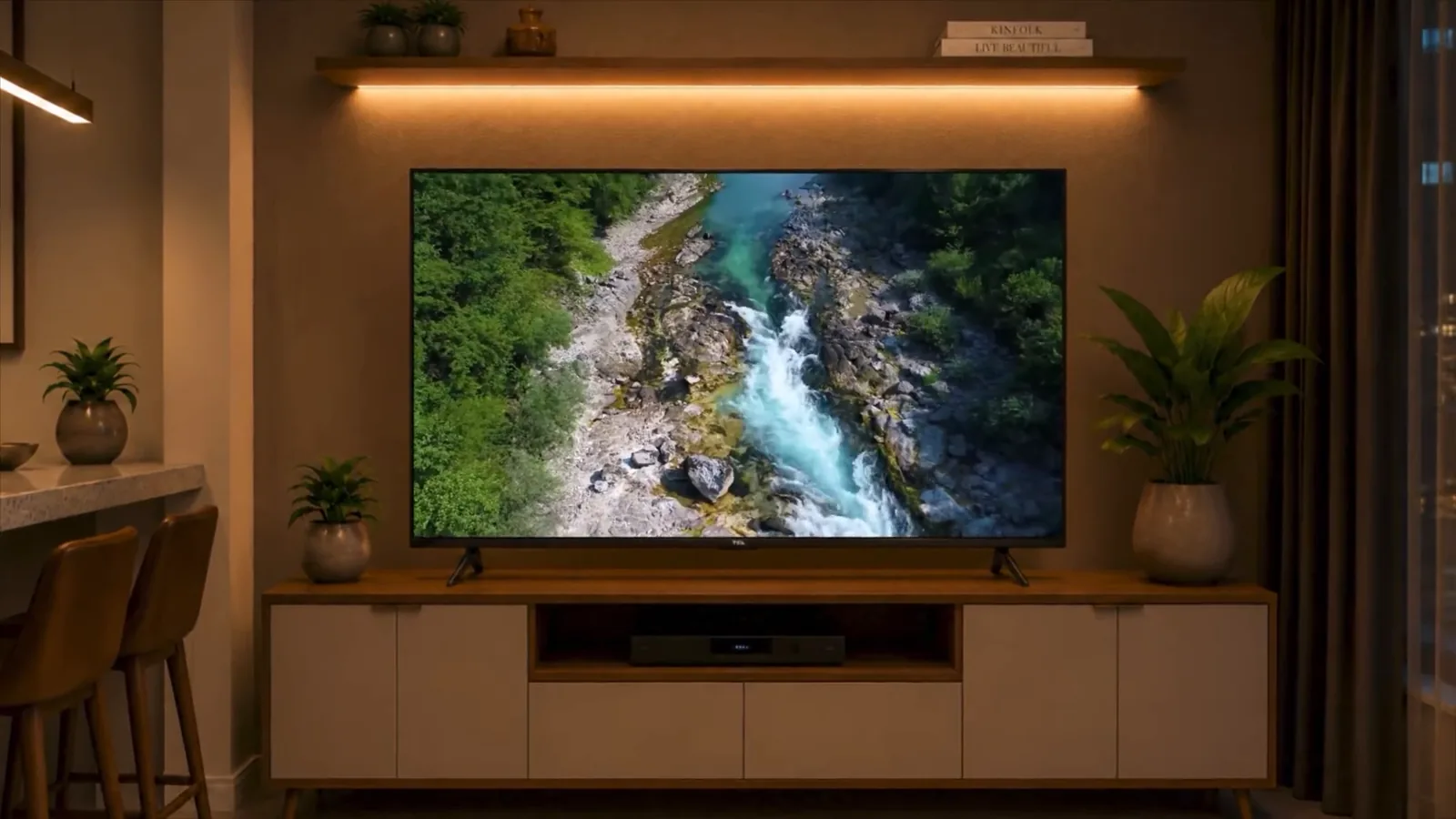 Smart TV TCL S5K reproduzindo imagem da natureza em ambiente iluminado