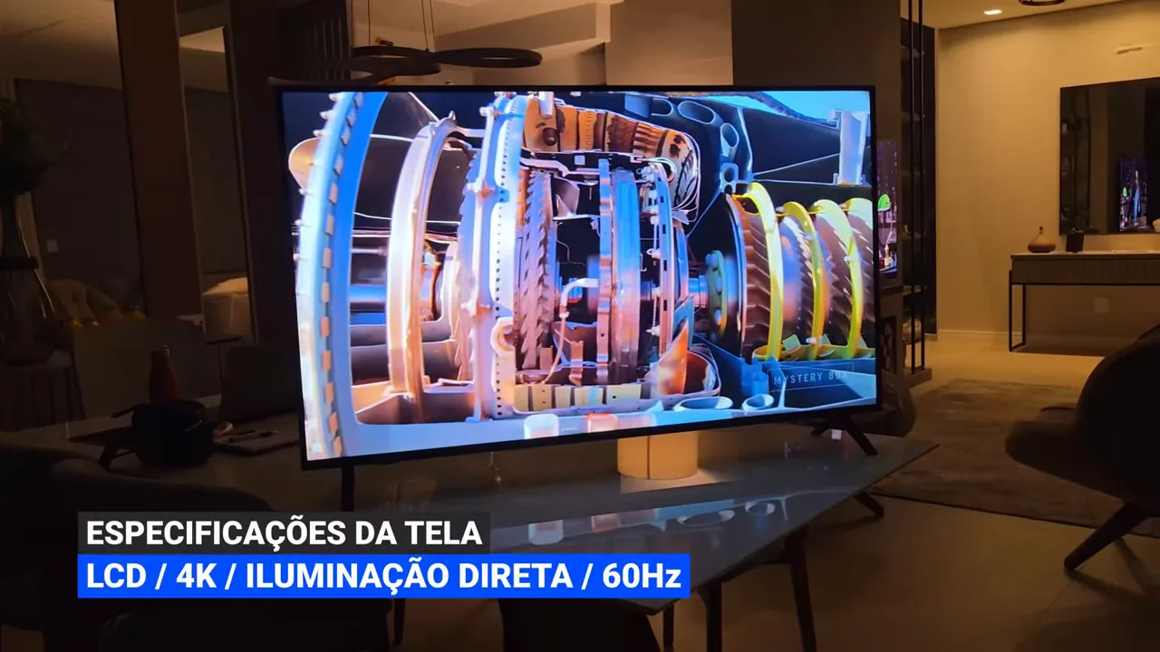 Smart TV LG UA85 exibindo renderização detalhada de turbina aeronáutica