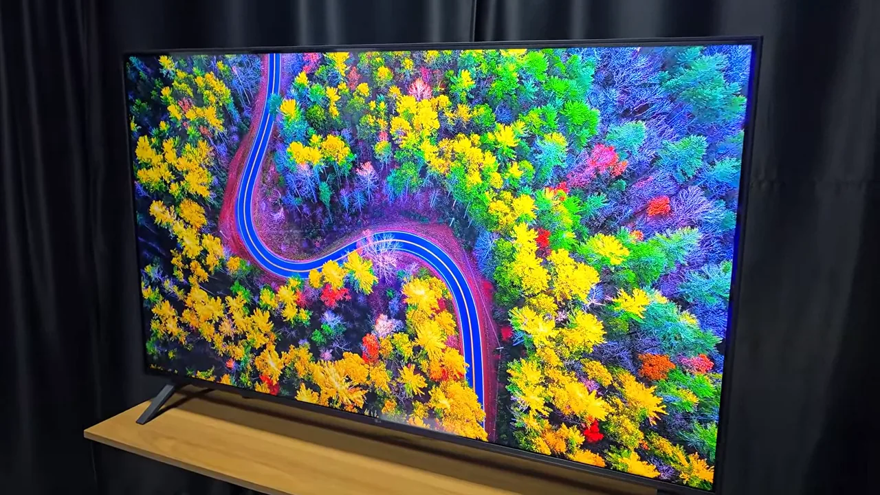 Smart TV reproduzindo vídeo de paisagem florestal com cores vívidas