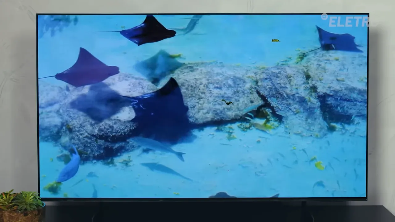 Smart TV OLED exibindo conteúdo submarino com contraste marcante e fluidez