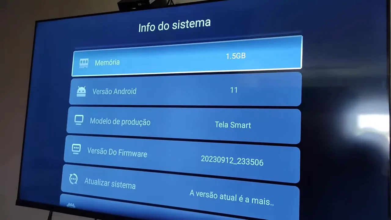 Navegação pelas informações do sistema e memória da Smart TV HQ