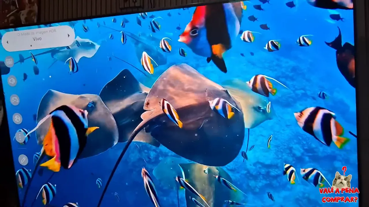 TV 4K exibindo imagens coloridas do fundo do mar em movimento