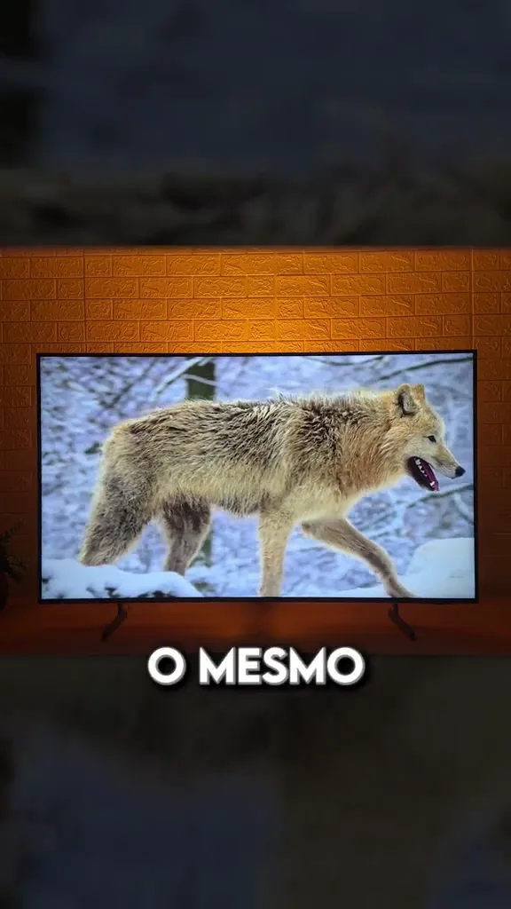 Televisão Samsung QLED exibindo imagem nítida de lobo na neve