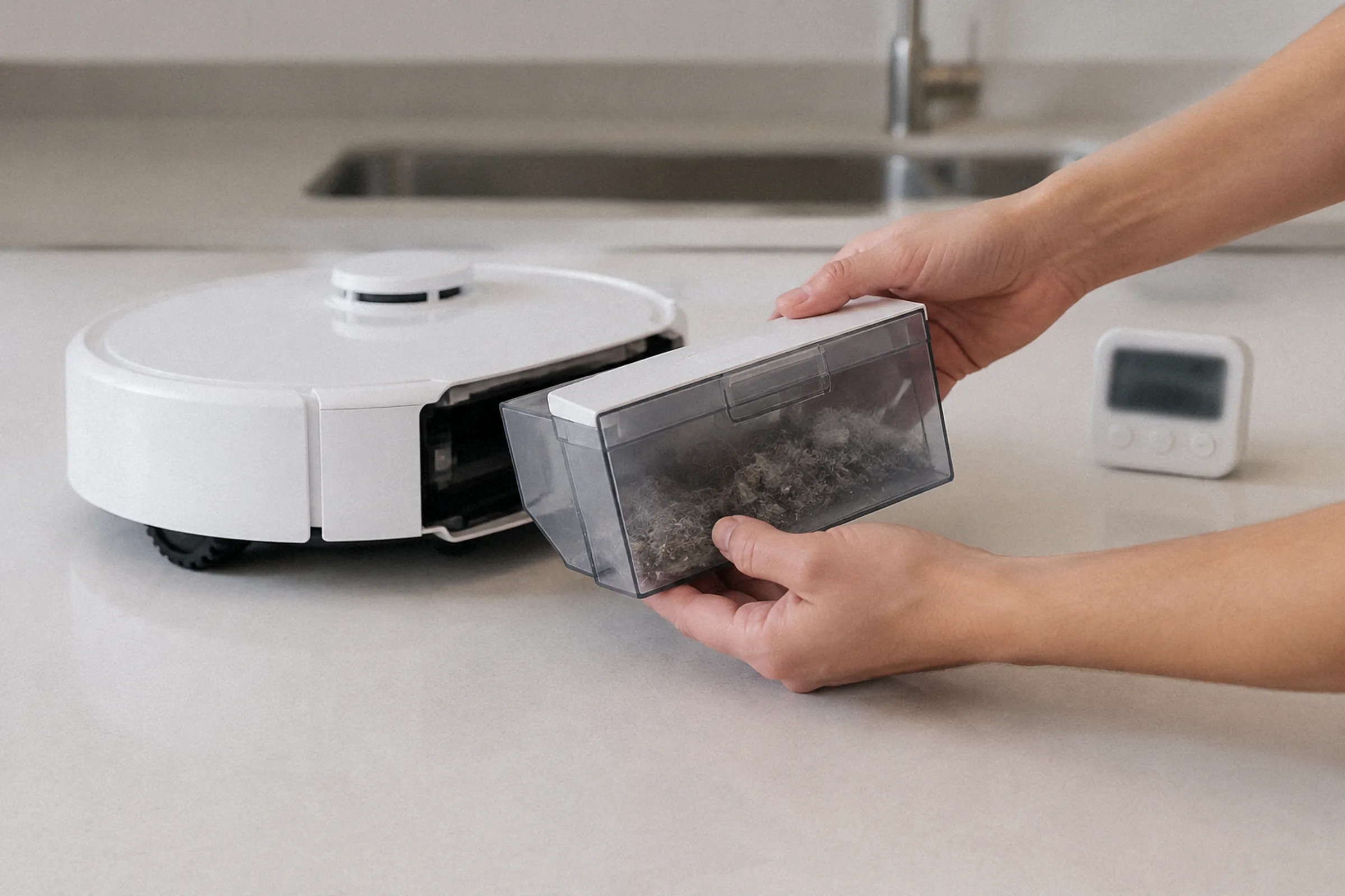 Cronometragem da manutenção manual do robô aspirador após a limpeza